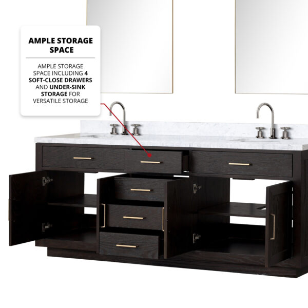 Abbey 84W x 22D Black Oak Double Bath Vanity and Carrara Marble Top