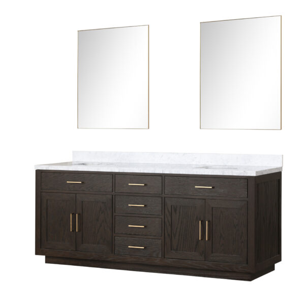 Abbey 84W x 22D Brown Oak Double Bath Vanity, Carrara Marble Top, and 36Mirrors