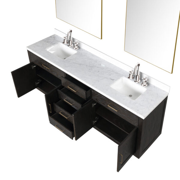 Abbey 84W x 22D Brown Oak Double Bath Vanity, Carrara Marble Top, Faucet Set, and 36Mirrors