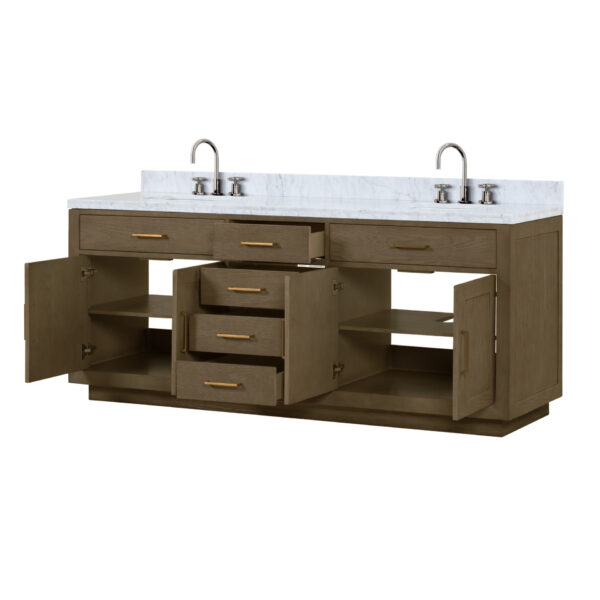 Abbey 84W x 22D Grey Oak Double Bath Vanity, Carrara Marble Top, and Faucet Set