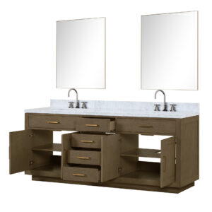 Abbey 84W x 22D Grey Oak Double Bath Vanity, Carrara Marble Top, Faucet Set, and 36Mirrors