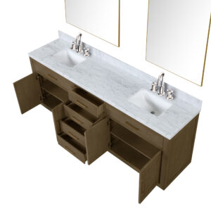 Abbey 84W x 22D Grey Oak Double Bath Vanity, Carrara Marble Top, Faucet Set, and 36Mirrors