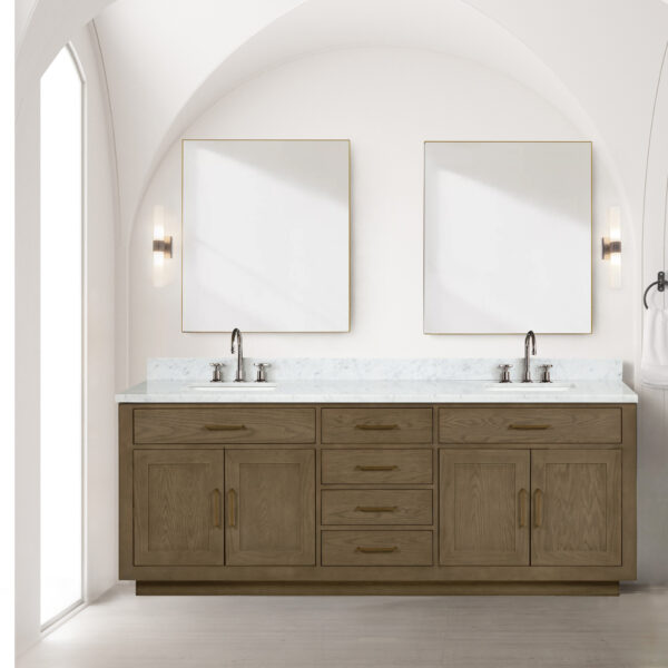 Abbey 84W x 22D Grey Oak Double Bath Vanity and Carrara Marble Top