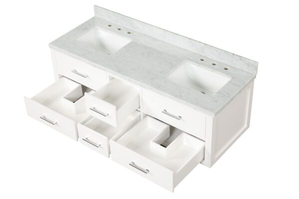 Castor 60W x 22D White Double Bath Vanity and Carrara Marble Top