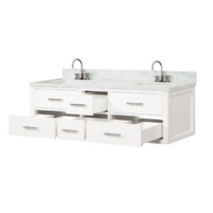 Castor 60W x 22D White Double Bath Vanity, Carrara Marble Top, and Faucet Set