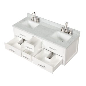 Castor 60W x 22D White Double Bath Vanity, Carrara Marble Top, and Faucet Set