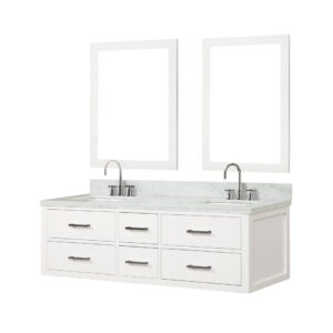 Castor 60W x 22D White Double Bath Vanity, Carrara Marble Top, Faucet Set, and 28Mirrors