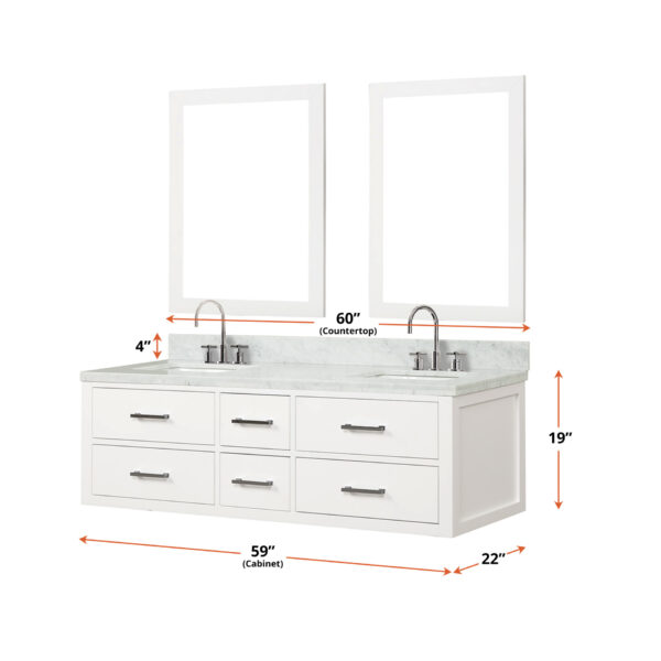 Castor 60W x 22D White Double Bath Vanity and Carrara Marble Top