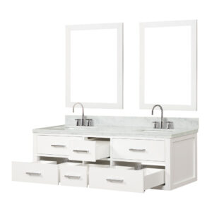 Castor 60W x 22D White Double Bath Vanity, Carrara Marble Top, Faucet Set, and 28Mirrors