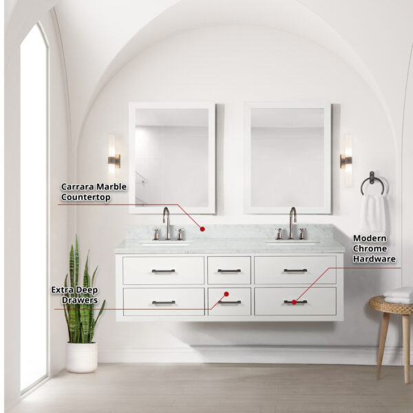 Castor 60W x 22D White Double Bath Vanity and Carrara Marble Top