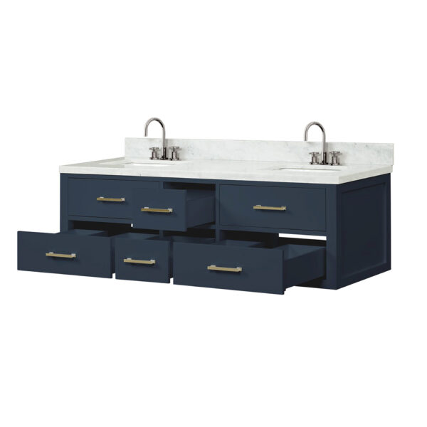 Castor 60W x 22D Blue Double Bath Vanity, Carrara Marble Top, and Faucet Set