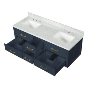 Castor 60W x 22D Blue Double Bath Vanity, Carrara Marble Top, and 28Mirrors