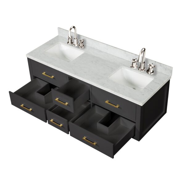 Castor 60W x 22D Black Double Bath Vanity, Carrara Marble Top, and Faucet Set