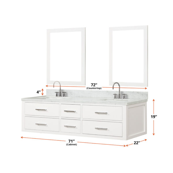 Castor 72W x 22D White Double Bath Vanity and Carrara Marble Top