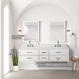 Castor 72W x 22D White Double Bath Vanity and Carrara Marble Top