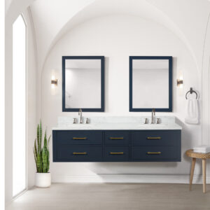 Castor 72W x 22D Blue Double Bath Vanity, Carrara Marble Top, Faucet Set, and 34Mirrors