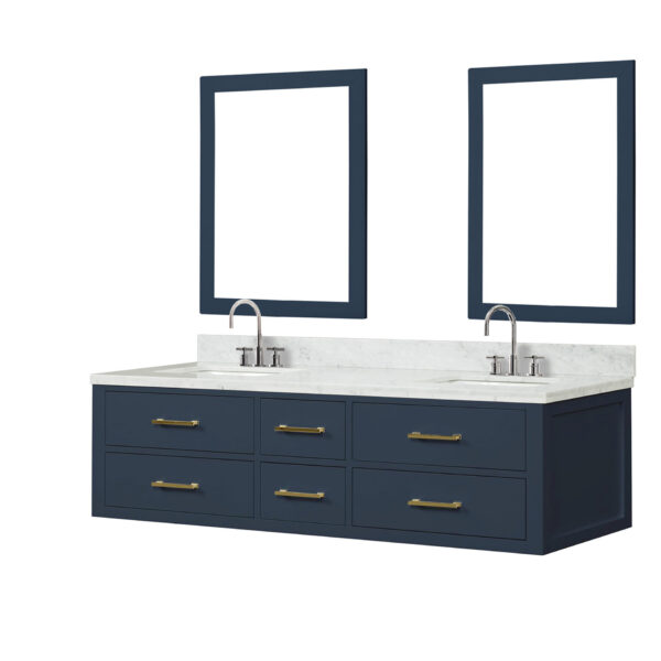 Castor 72W x 22D Blue Double Bath Vanity, Carrara Marble Top, Faucet Set, and 34Mirrors