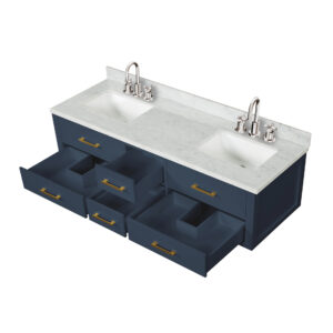 Castor 72W x 22D Blue Double Bath Vanity, Carrara Marble Top, Faucet Set, and 34Mirrors