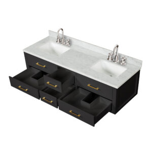 Castor 72W x 22D Black Double Bath Vanity, Carrara Marble Top, and Faucet Set