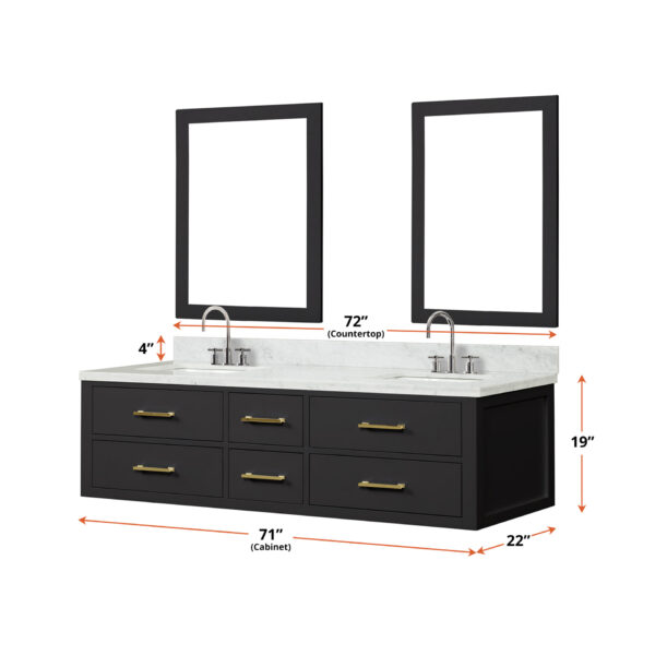 Castor 72W x 22D Black Double Bath Vanity and Carrara Marble Top