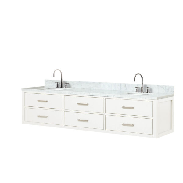 Castor 80W x 22D White Double Bath Vanity, Carrara Marble Top, and Faucet Set