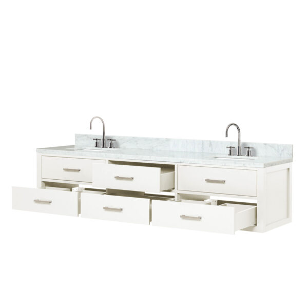 Castor 80W x 22D White Double Bath Vanity, Carrara Marble Top, and Faucet Set