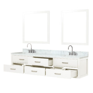 Castor 80W x 22D White Double Bath Vanity, Carrara Marble Top, Faucet Set, and 36Mirrors