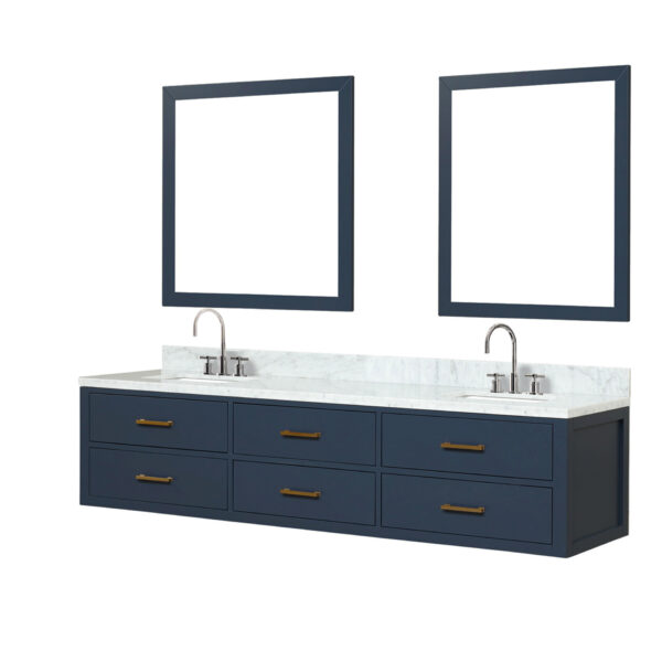 Castor 80W x 22D Blue Double Bath Vanity, Carrara Marble Top, Faucet Set, and 36Mirrors