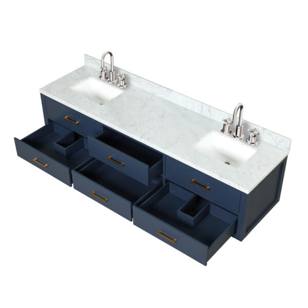 Castor 80W x 22D Blue Double Bath Vanity, Carrara Marble Top, Faucet Set, and 36Mirrors