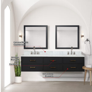 Castor 80W x 22D Black Double Bath Vanity and Carrara Marble Top