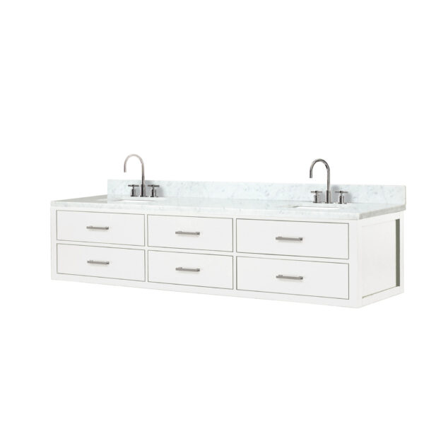 Castor 84W x 22D White Double Bath Vanity, Carrara Marble Top, and Faucet Set