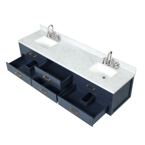 Castor 84W x 22D Blue Double Bath Vanity, Carrara Marble Top, and Faucet Set