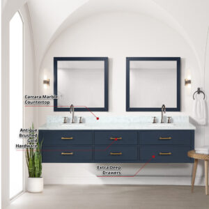 Castor 84W x 22D Blue Double Bath Vanity and Carrara Marble Top