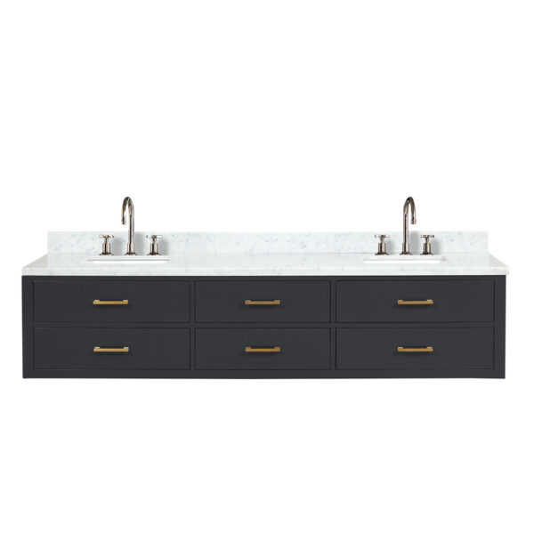 Castor 84W x 22D Black Double Bath Vanity, Carrara Marble Top, and Faucet Set