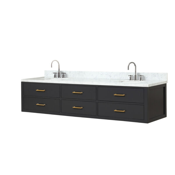 Castor 84W x 22D Black Double Bath Vanity, Carrara Marble Top, and Faucet Set