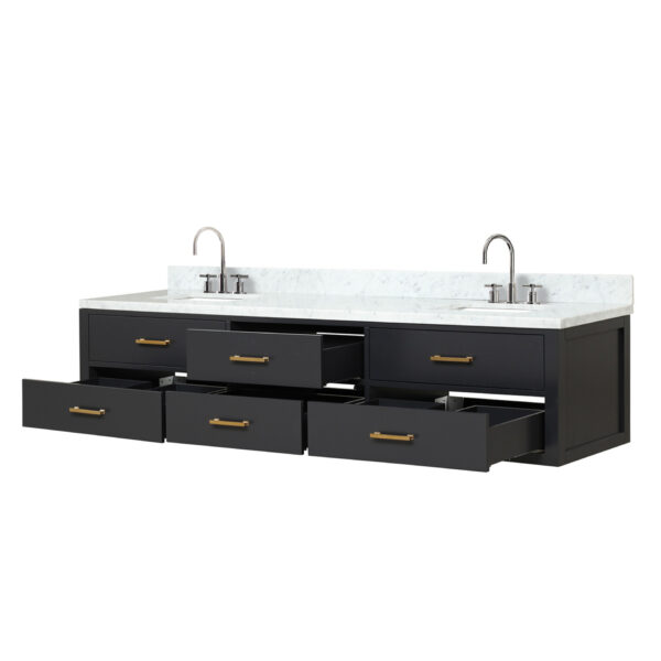 Castor 84W x 22D Black Double Bath Vanity, Carrara Marble Top, and Faucet Set