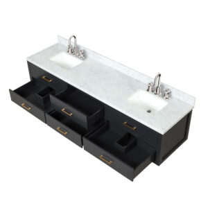 Castor 84W x 22D Black Double Bath Vanity, Carrara Marble Top, and Faucet Set