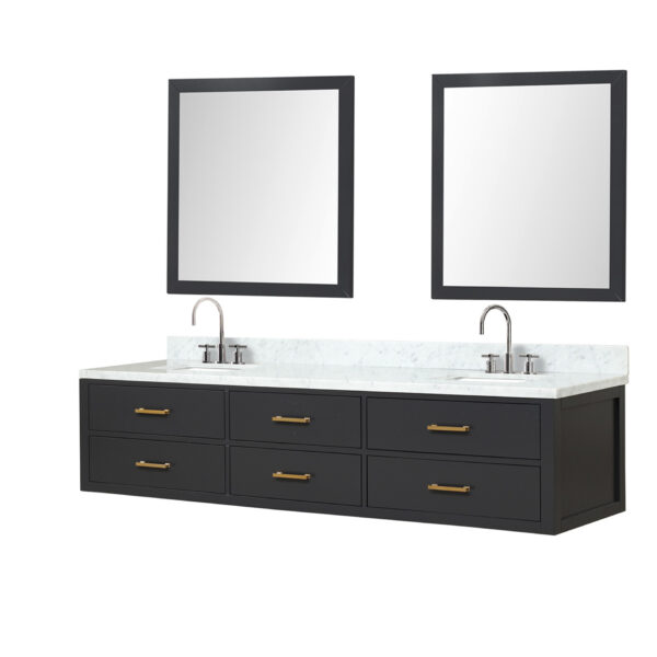 Castor 84W x 22D Black Double Bath Vanity, Carrara Marble Top, Faucet Set, and 36Mirrors