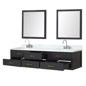 Castor 84W x 22D Black Double Bath Vanity, Carrara Marble Top, Faucet Set, and 36Mirrors