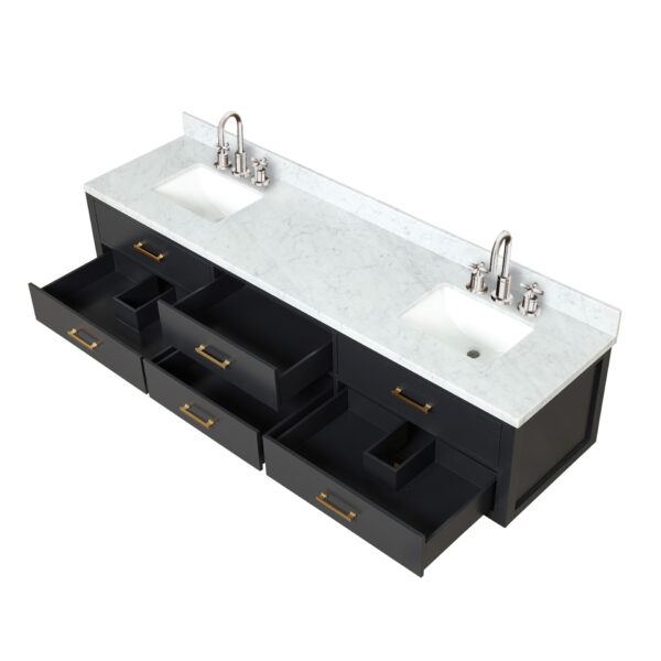 Castor 84W x 22D Black Double Bath Vanity, Carrara Marble Top, Faucet Set, and 36Mirrors