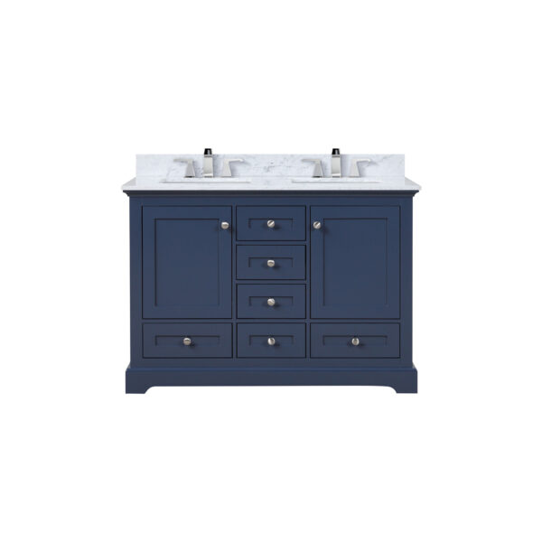 Dukes 48 in. W x 22 in. D Navy Blue Double Bath Vanity, Carrara Marble Top, and Faucet Set