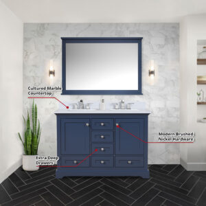 Dukes 48 in. W x 22 in. D Navy Blue Double Bath Vanity, Cultured Marble Top, Faucet Set, and 46 in. Mirror