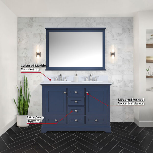 Dukes 48 in. W x 22 in. D Navy Blue Double Bath Vanity, Cultured Marble Top, Faucet Set, and 46 in. Mirror