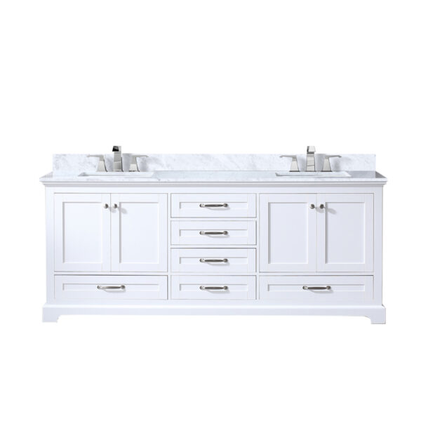 Dukes 80 in. W x 22 in. D White Double Bath Vanity, Carrara Marble Top, and Faucet Set