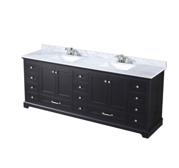 Dukes 84 in. W x 22 in. D Espresso Double Bath Vanity, Carrara Marble Top, and Faucet Set