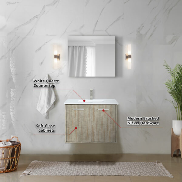 Fairbanks 30W x 20D Rustic Acacia Bath Vanity, White Quartz Top and Brushed Nickel Faucet Set