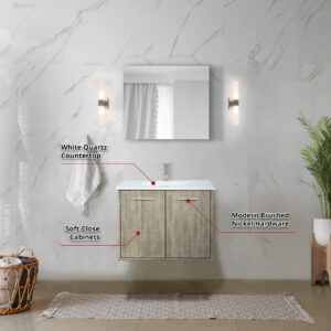 Fairbanks 30W x 20D Rustic Acacia Bath Vanity, White Quartz Top and Chrome Faucet Set