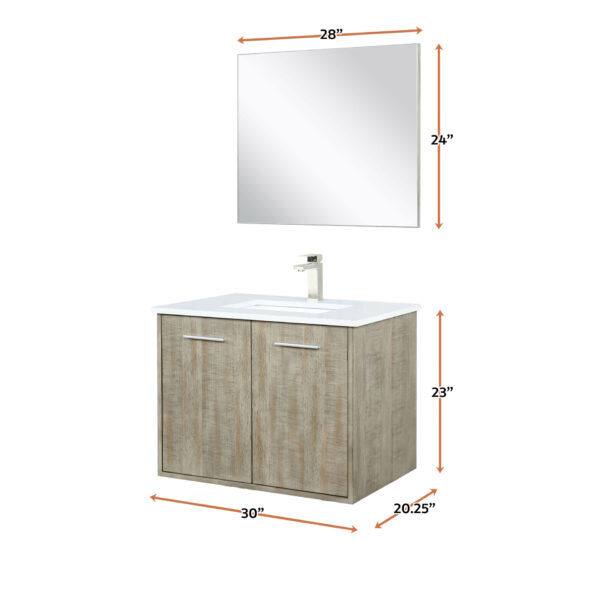 Fairbanks 30W x 20D Rustic Acacia Bath Vanity, White Quartz Top, Brushed Nickel Faucet Set and 28Mirror