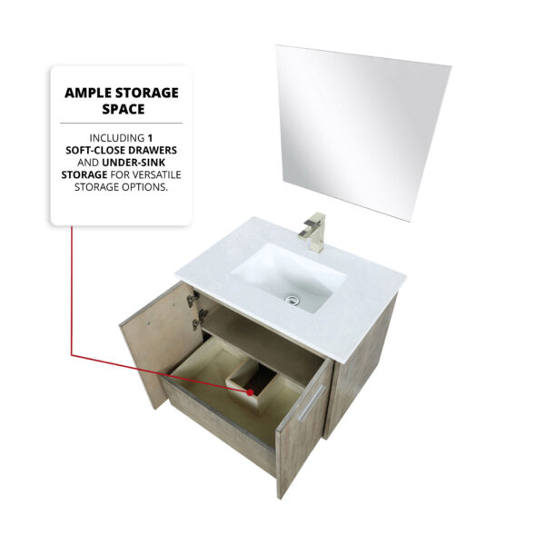 Fairbanks 30W x 20D Rustic Acacia Bath Vanity, Cultured Marble Top and Brushed Nickel Faucet Set