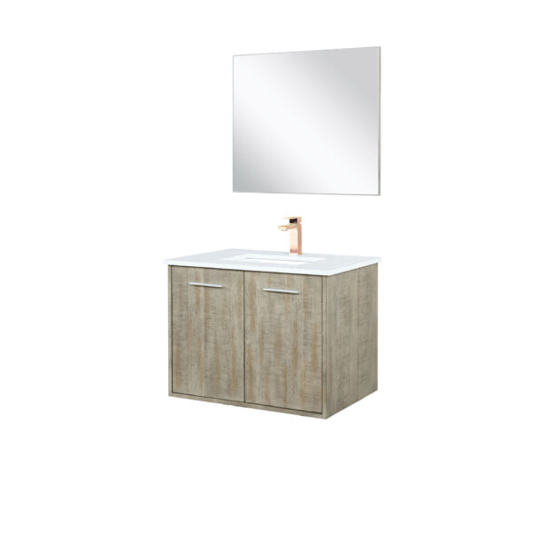 Fairbanks 30W x 20D Rustic Acacia Bath Vanity, Cultured Marble Top, Rose Gold Faucet Set and 28Mirror